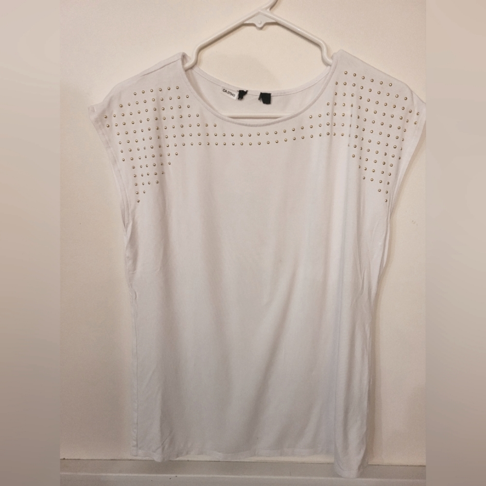 Gold beaded white sleevless tshirt, size M.